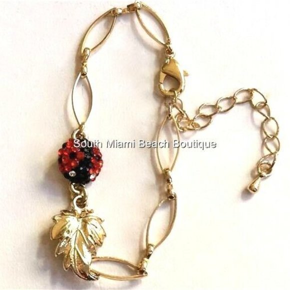 Ladybug Charm Bracelet Red Crystals Gold Plated Insect Lady Bug Leaves 6-8" - Picture 2 of 8